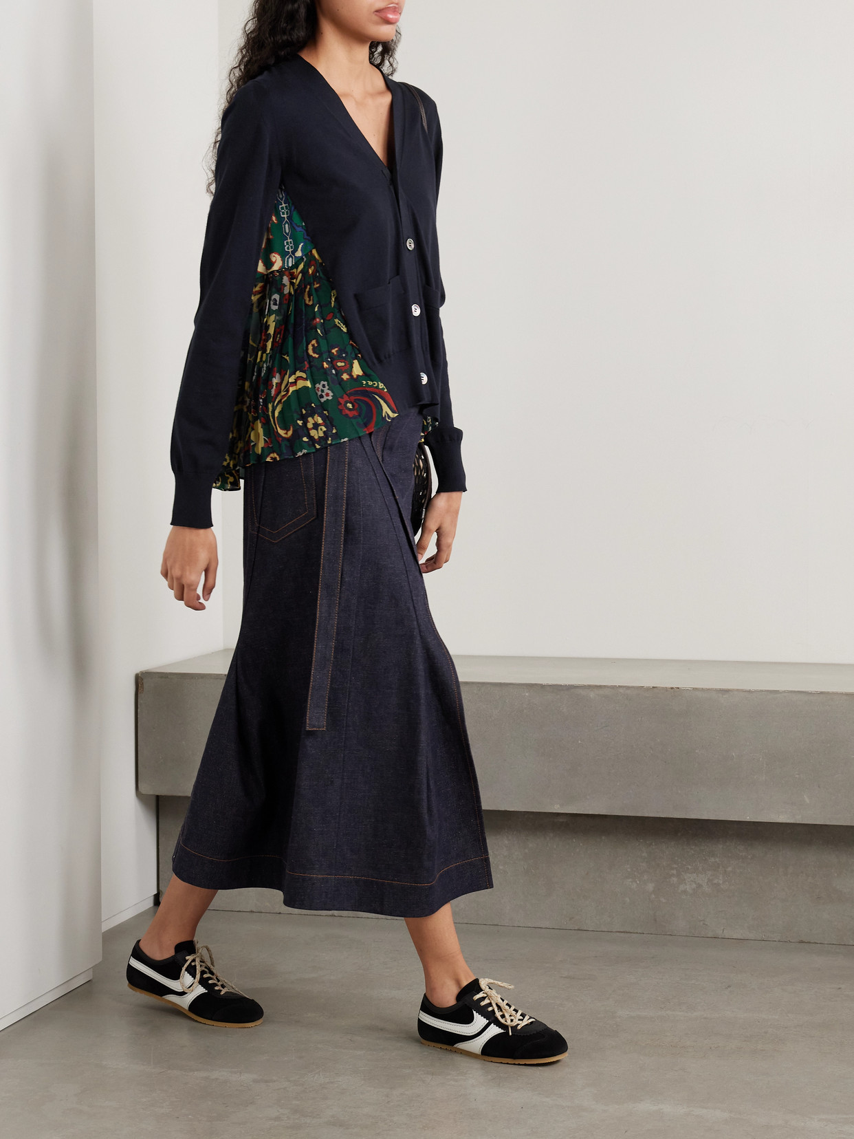 Sacai Floral Panel Mixed Media Cardigan In Blue