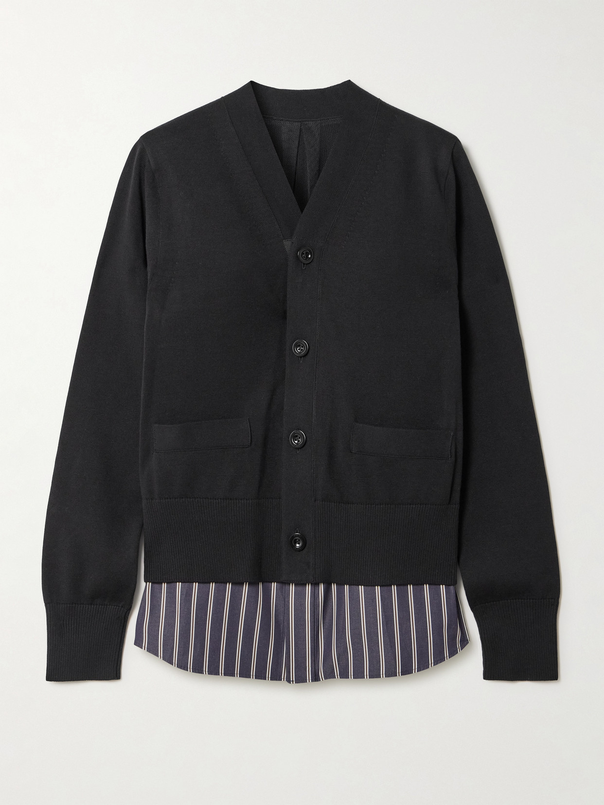 Sacai Layered Striped Cotton Poplin-trimmed Cotton-blend Jersey Cardigan In Black