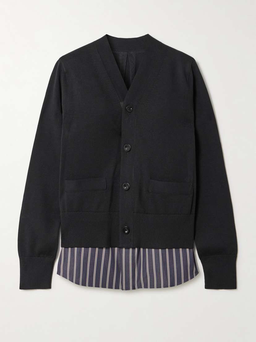 Sacai Layered Striped Cotton Poplin-trimmed Cotton-blend Jersey Cardigan