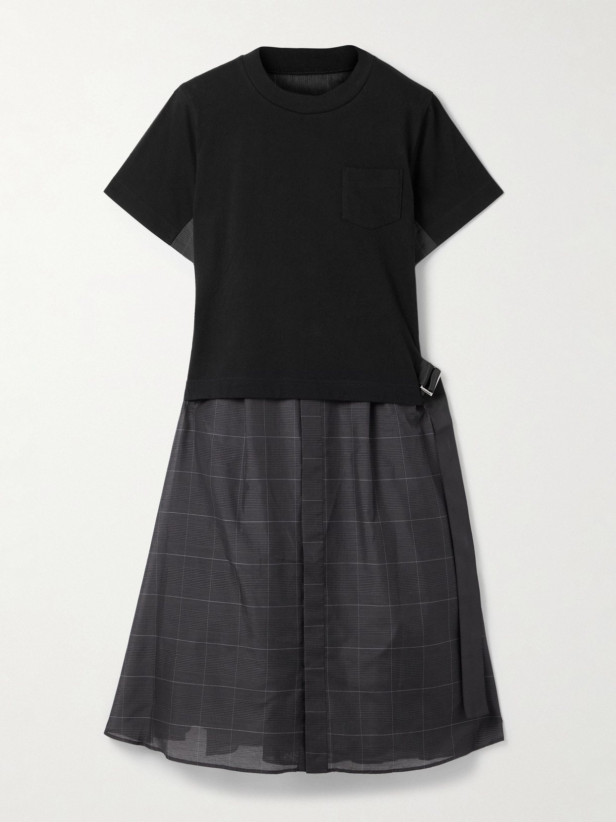 Sacai Belted Cotton-jersey And Checked Voile Midi Dress In Black