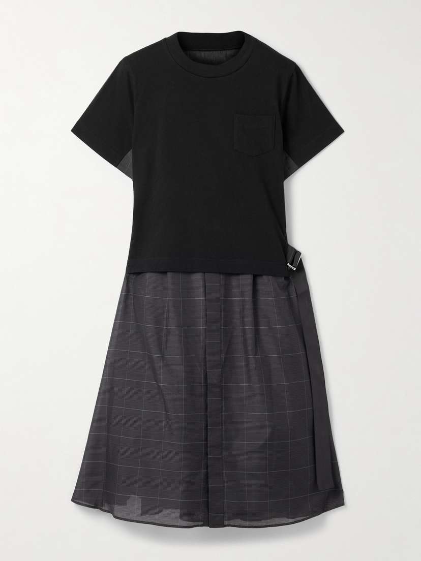Sacai Belted Cotton-jersey And Checked Voile Midi Dress