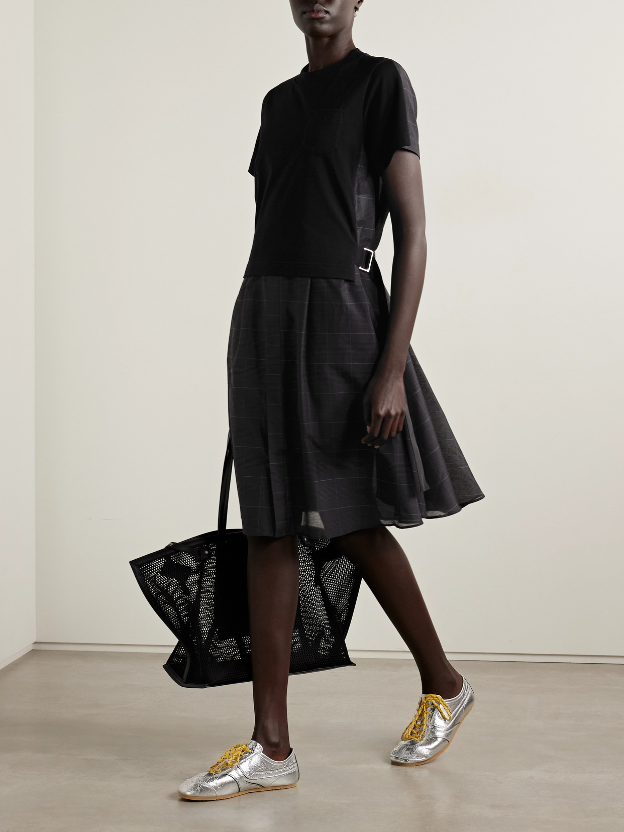 Sacai Womens Black Grey Glen Check-panelled Cotton-jersey Midi Dress In Black