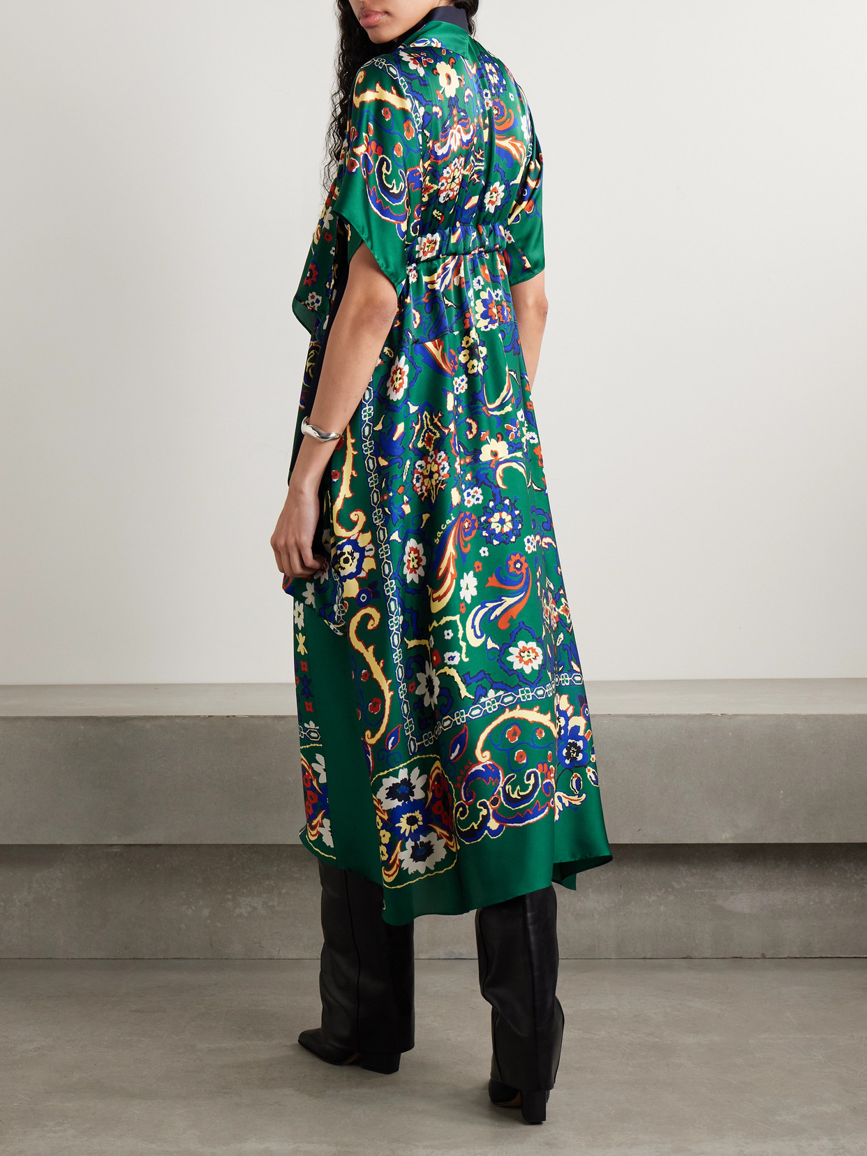 Sacai Draped Printed Satin Midi Dress In Green
