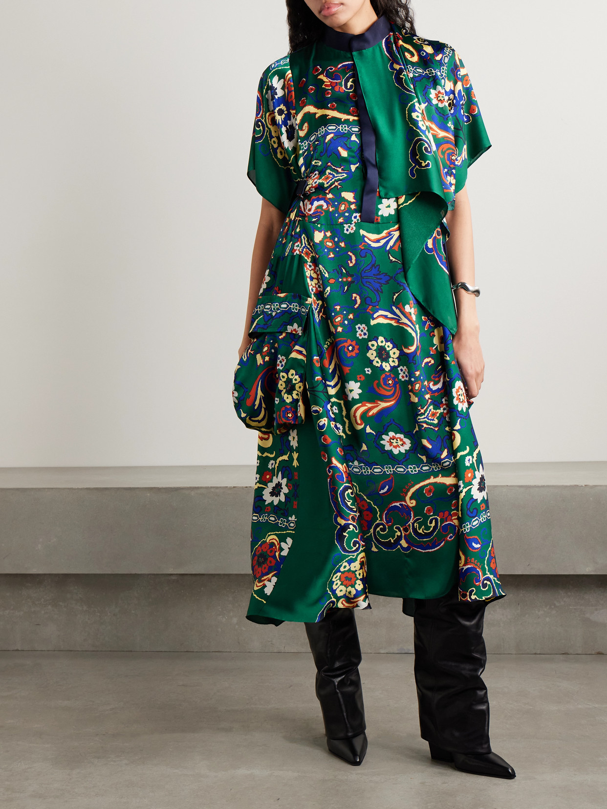 Sacai Draped Printed Satin Midi Dress In Green