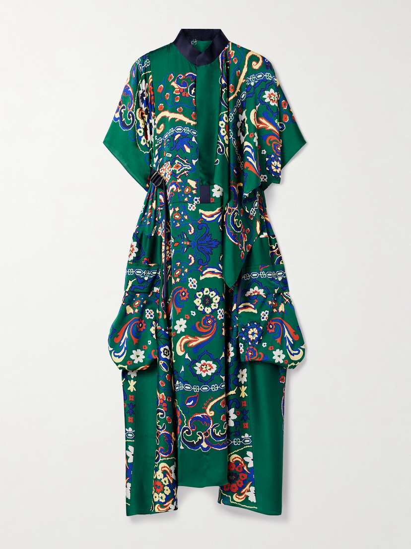 Sacai Draped Printed Satin Midi Dress