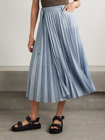 Sacai Wrap-effect denim-paneled pleated printed crepe de chine midi skirt