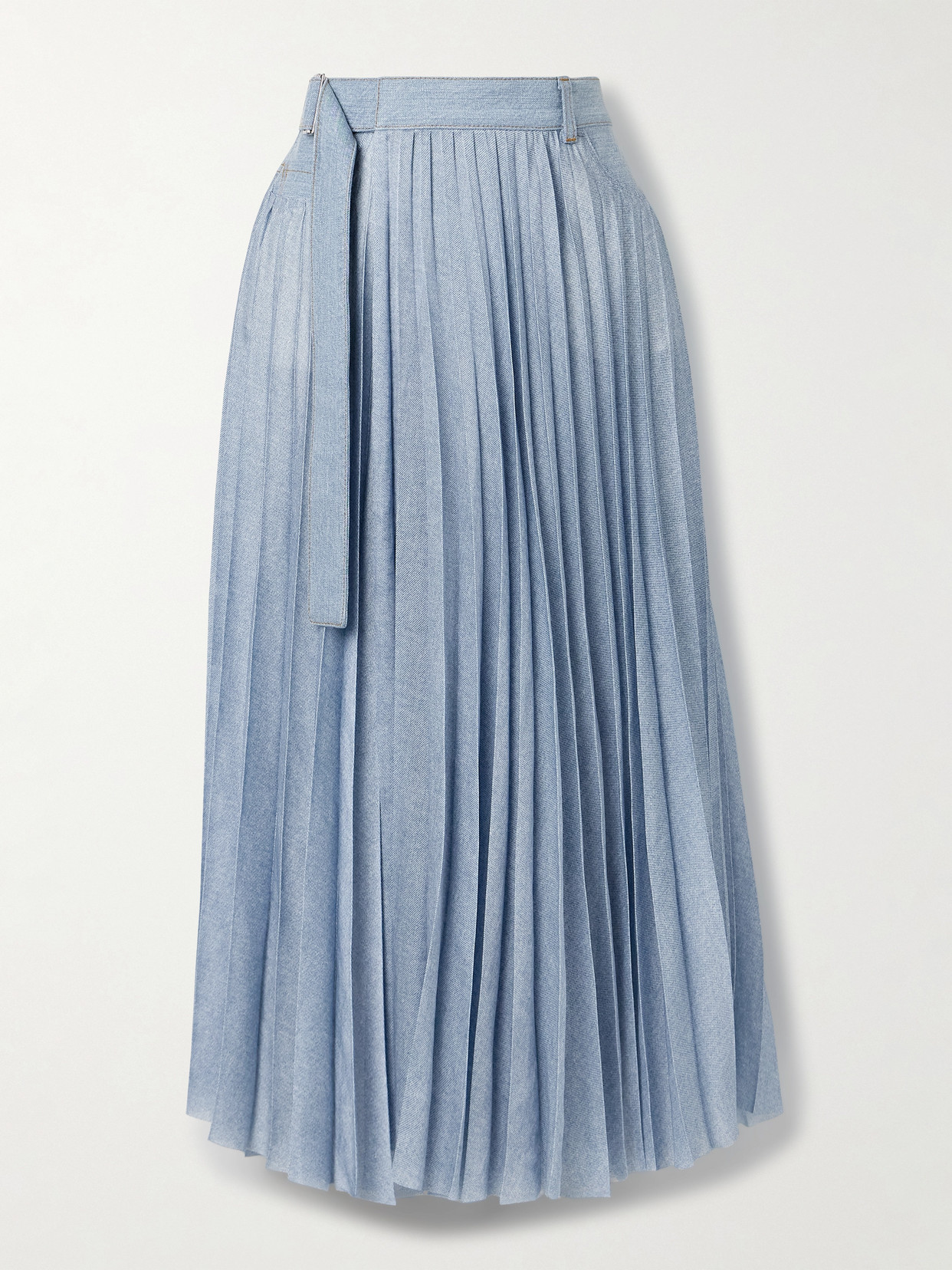 Sacai Wrap-effect Denim-paneled Pleated Printed Crepe De Chine Midi Skirt In Blue