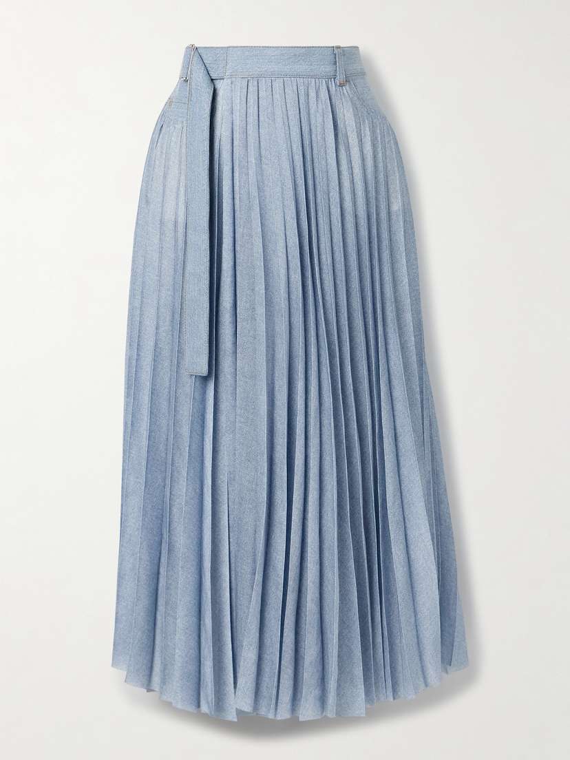 Sacai Wrap-effect Denim-paneled Pleated Printed Crepe De Chine Midi Skirt