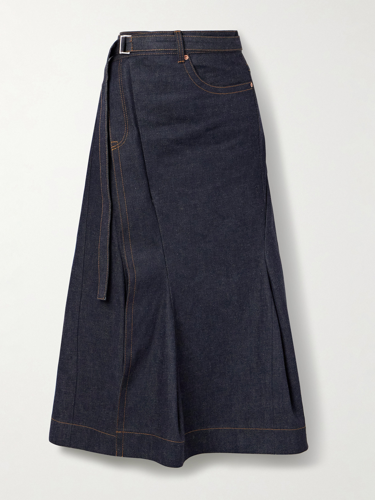 Sacai Belted Denim Midi Skirt In Blue