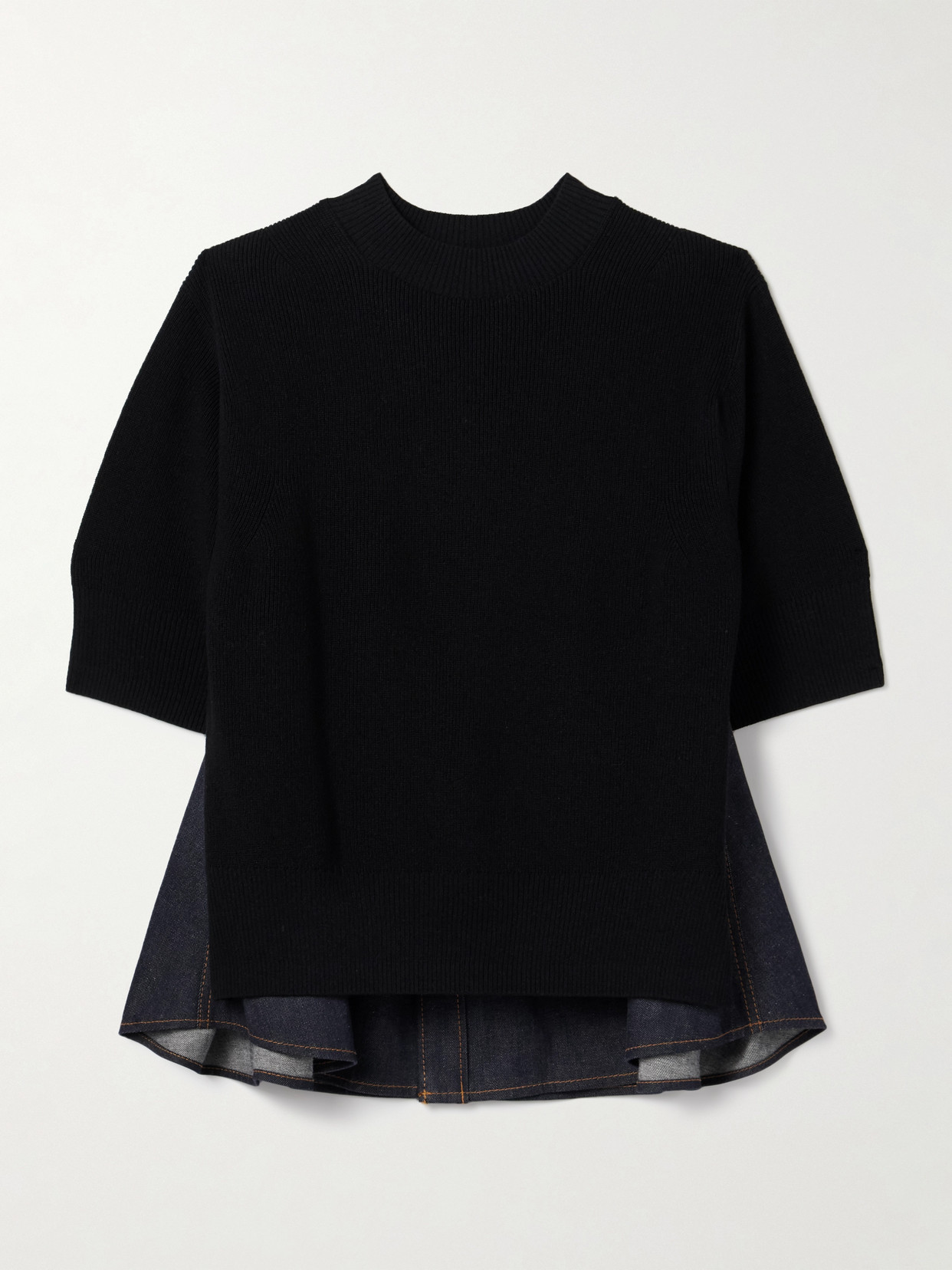 Sacai Paneled Ribbed-knit And Denim Top In Black