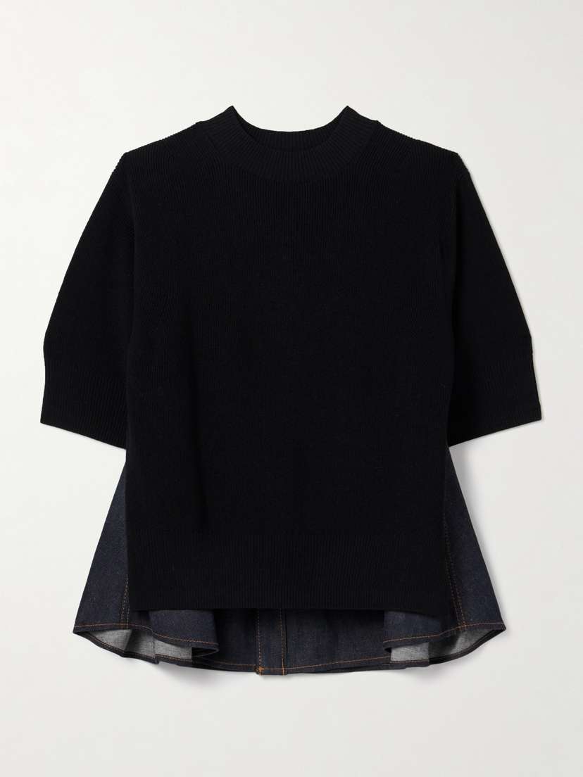 Sacai Paneled Ribbed-knit And Denim Top
