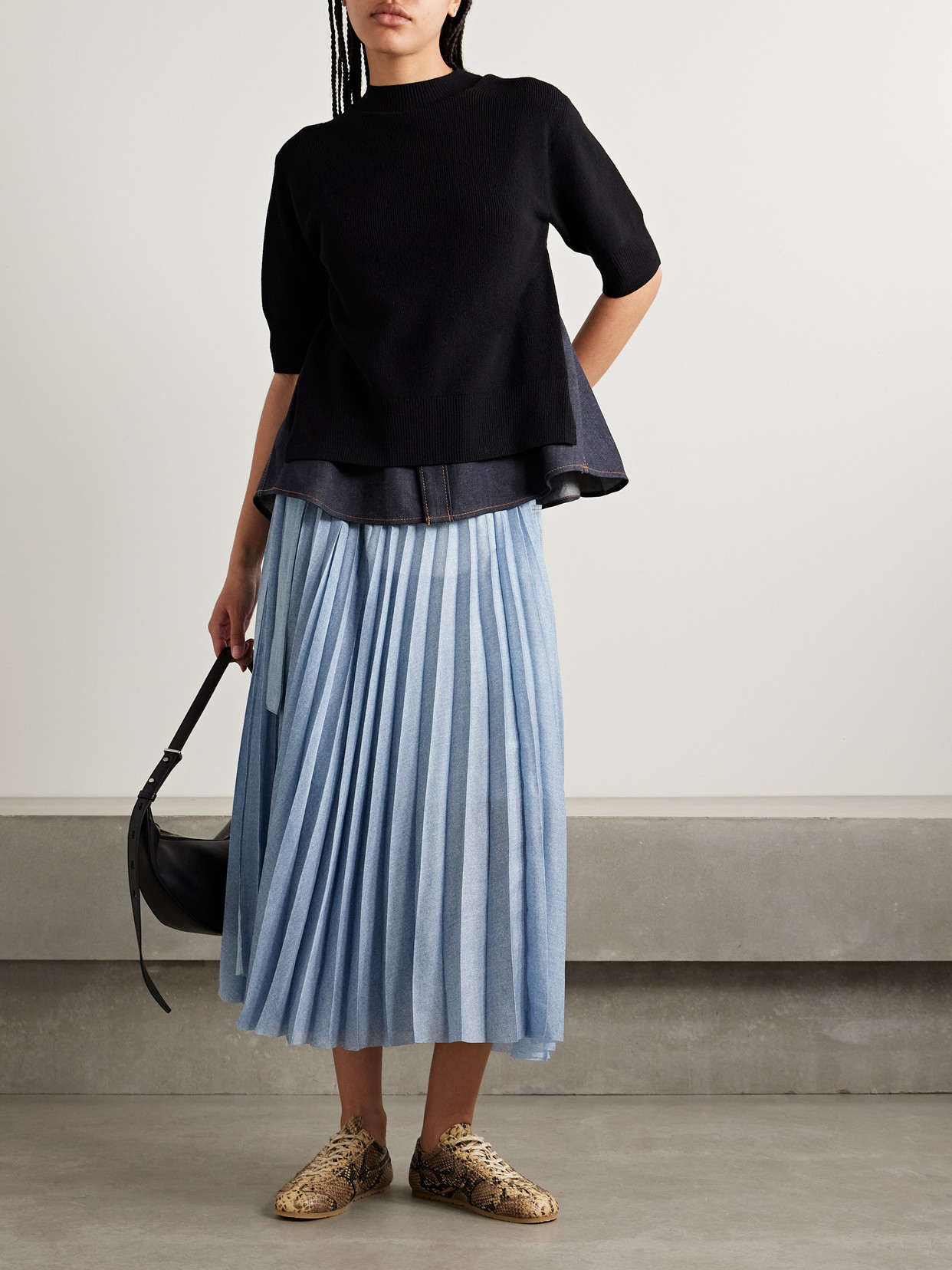 Sacai Paneled Ribbed-knit And Denim Top In Black