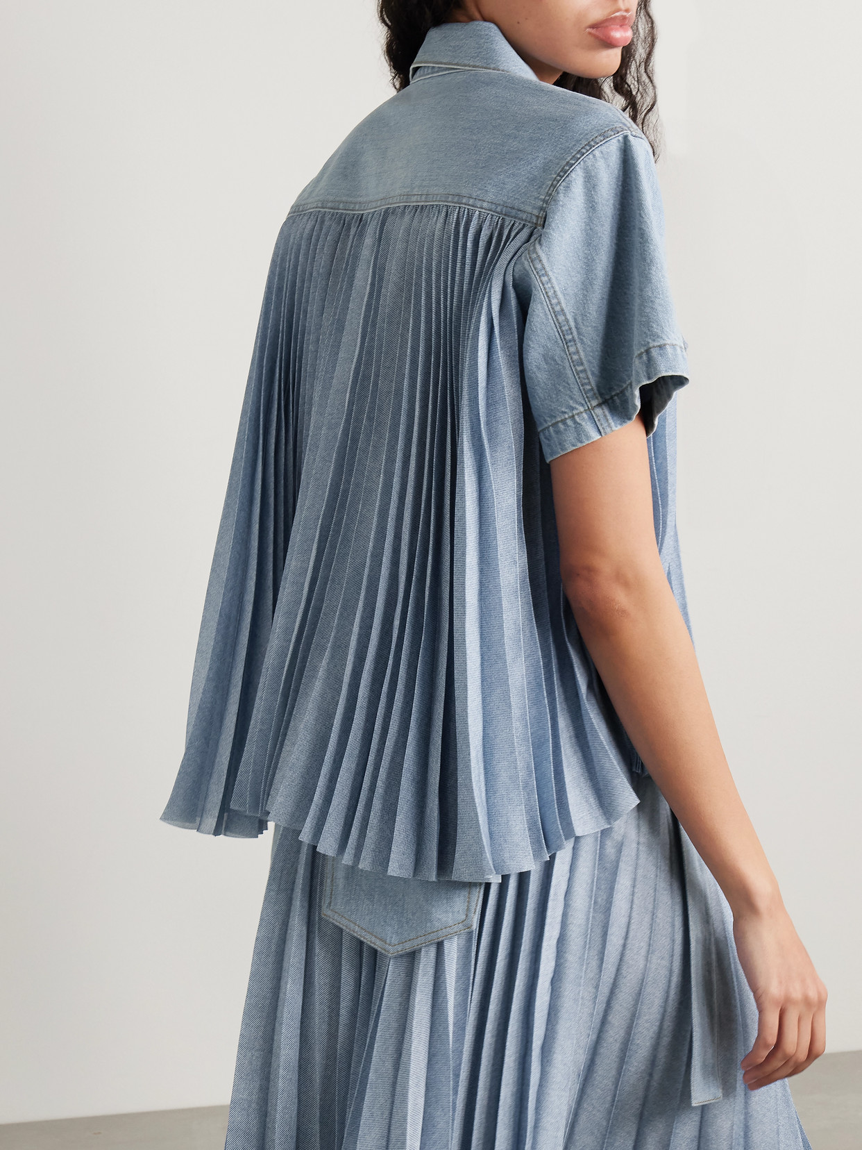 Sacai Denim-paneled Pleated Printed Crepe De Chine Shirt In Blue