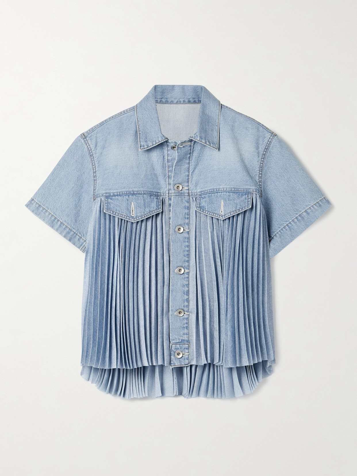 Sacai Denim-paneled Pleated Printed Crepe De Chine Shirt In Blue