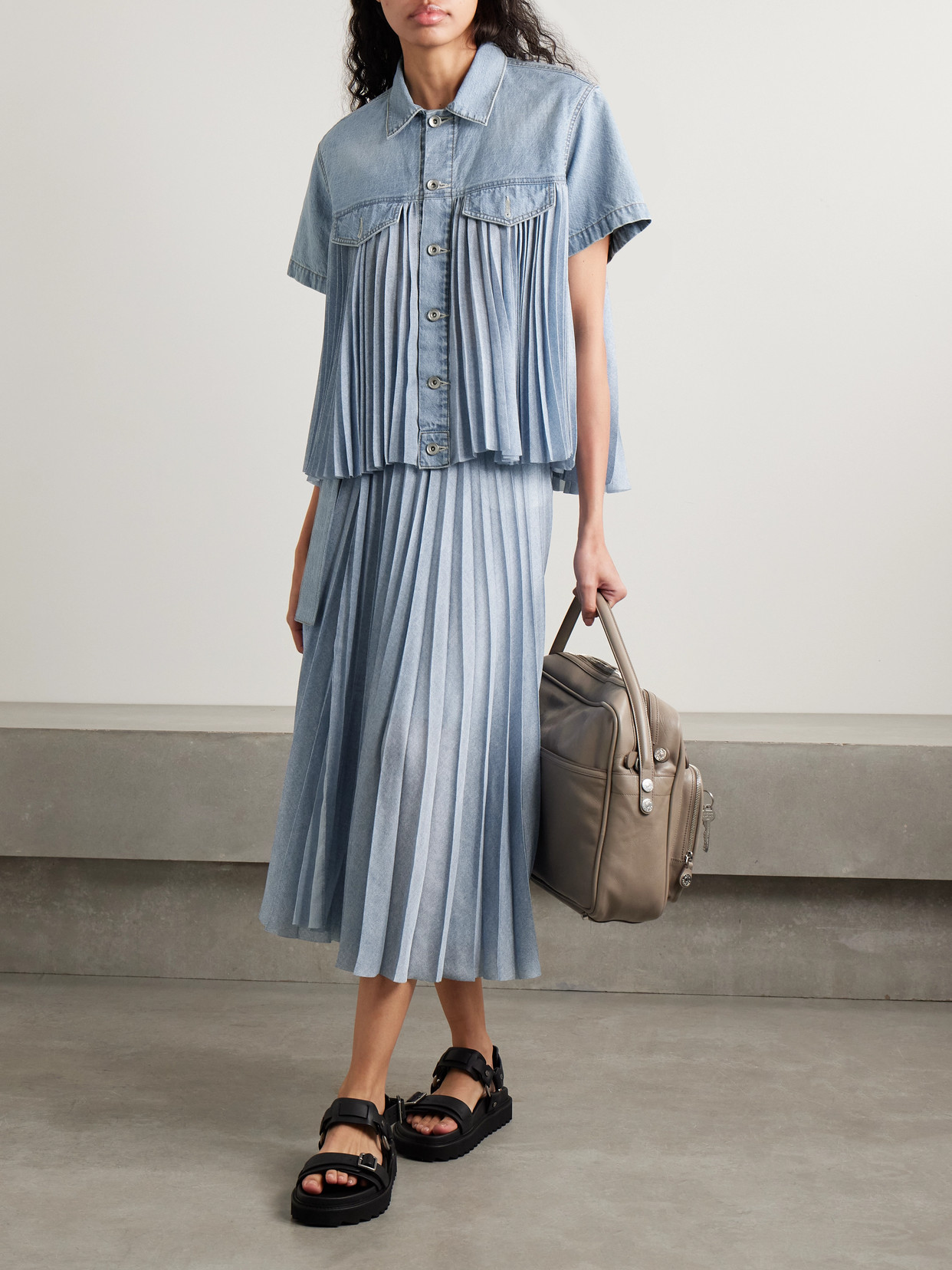 Sacai Denim-paneled Pleated Printed Crepe De Chine Shirt In Blue