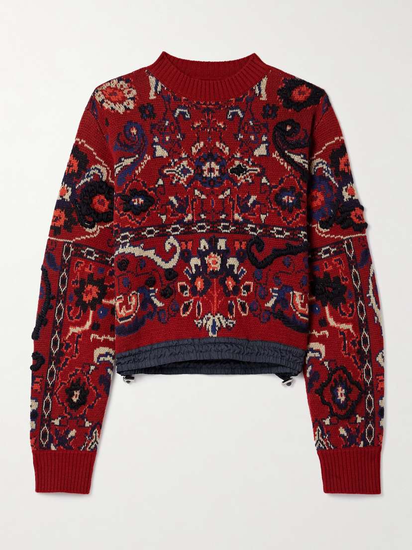 Sacai Shell-trimmed Embroidered Jacquard-knit Wool Sweater