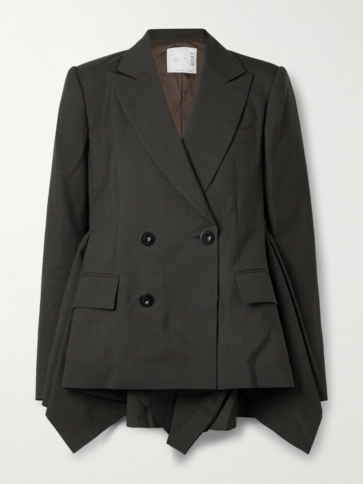 Sacai Glen Draped Double-breasted Prince Of Wales Checked Wool Blazer In Green