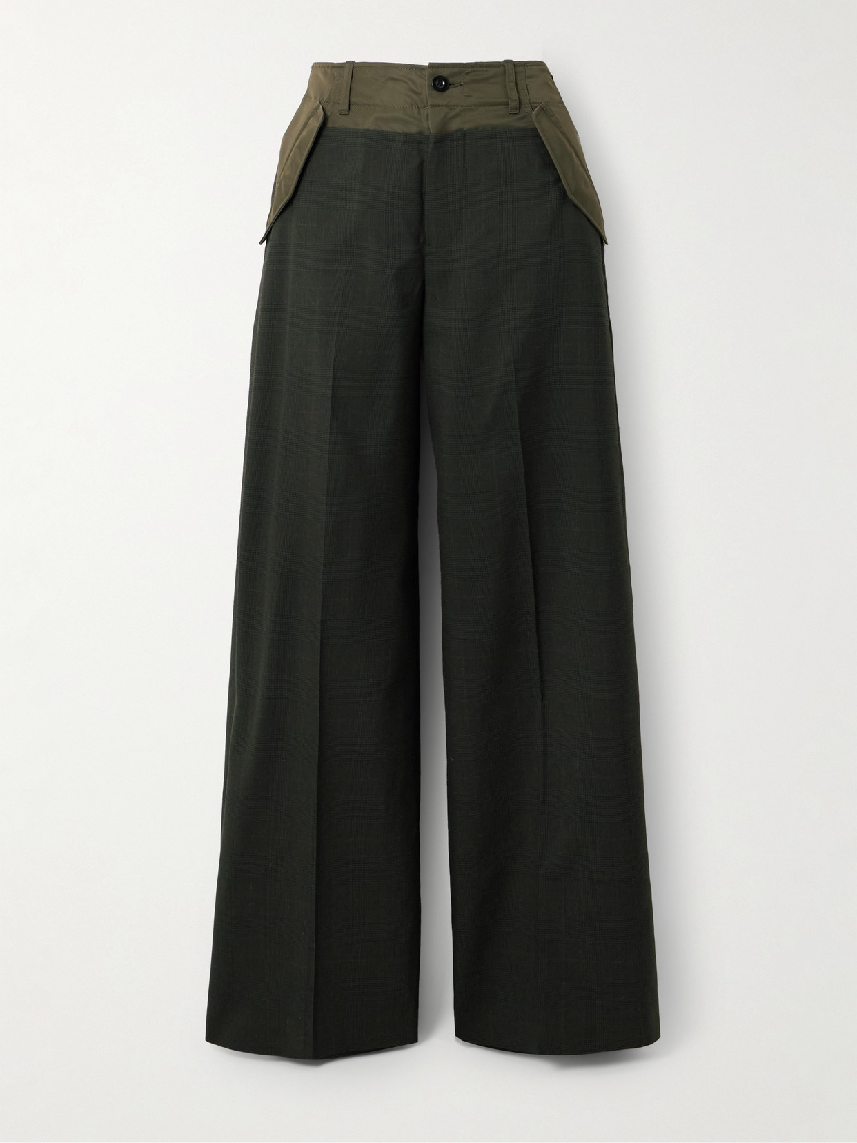 Sacai Glen Shell-trimmed Wide-leg Wool Pants In Green