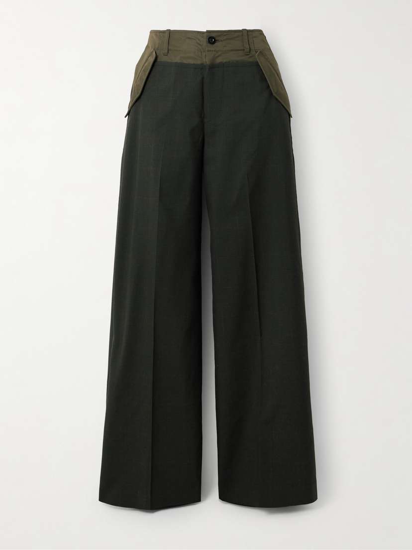 Sacai Glen Shell-trimmed Wide-leg Wool Pants
