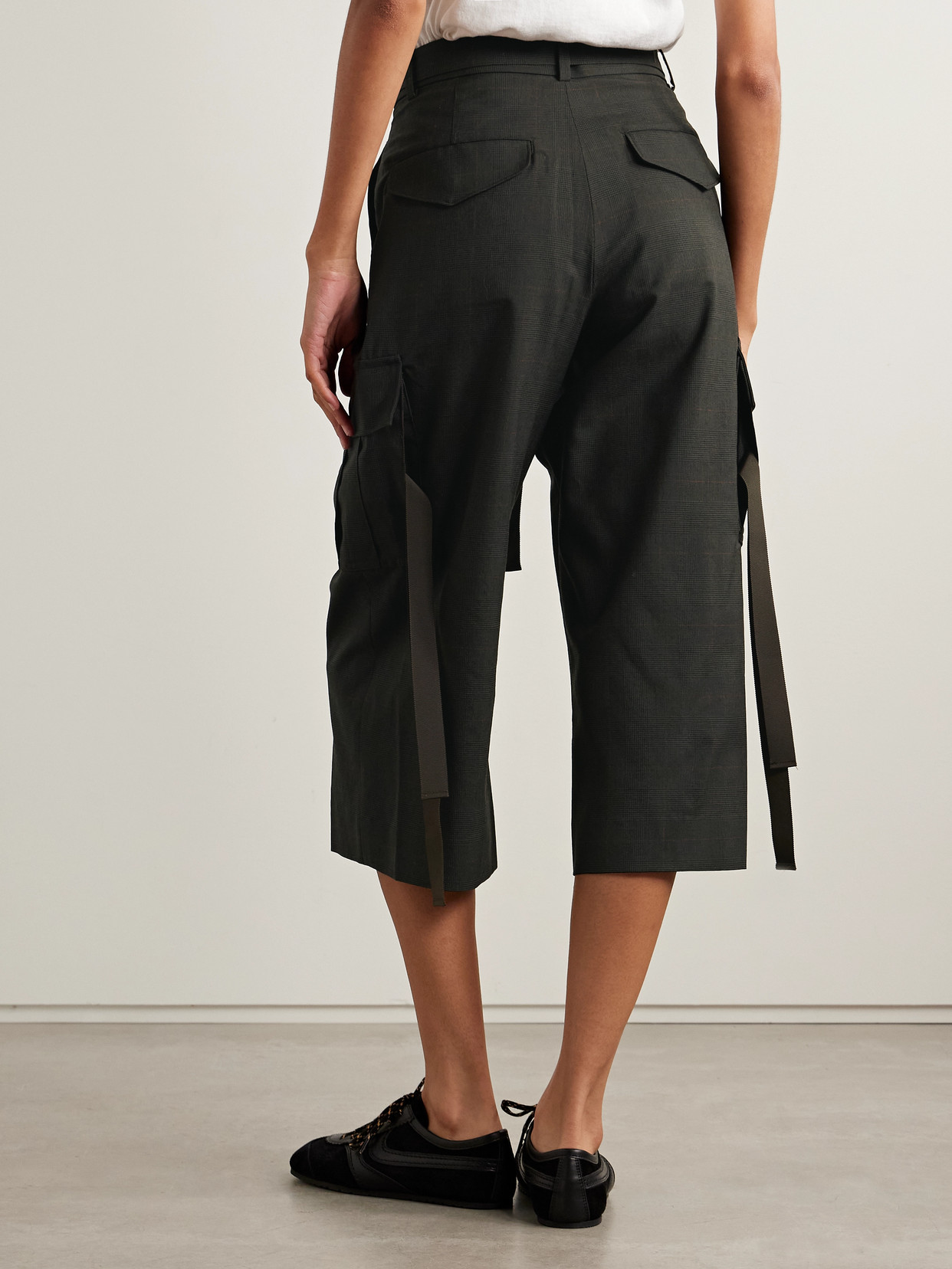 Sacai Cropped Belted Pleated Prince Of Wales Checked Wool Tapered Pants In Green