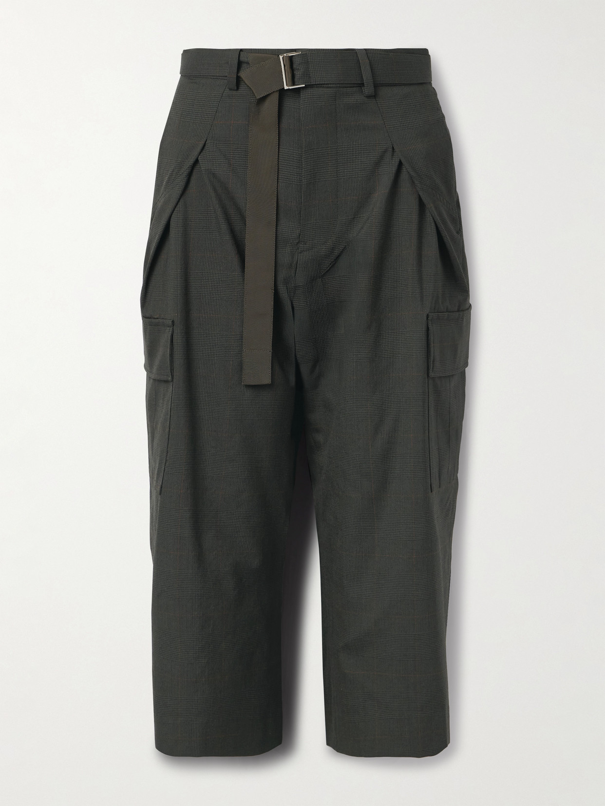 Sacai Cropped Belted Pleated Prince Of Wales Checked Wool Tapered Pants In Green
