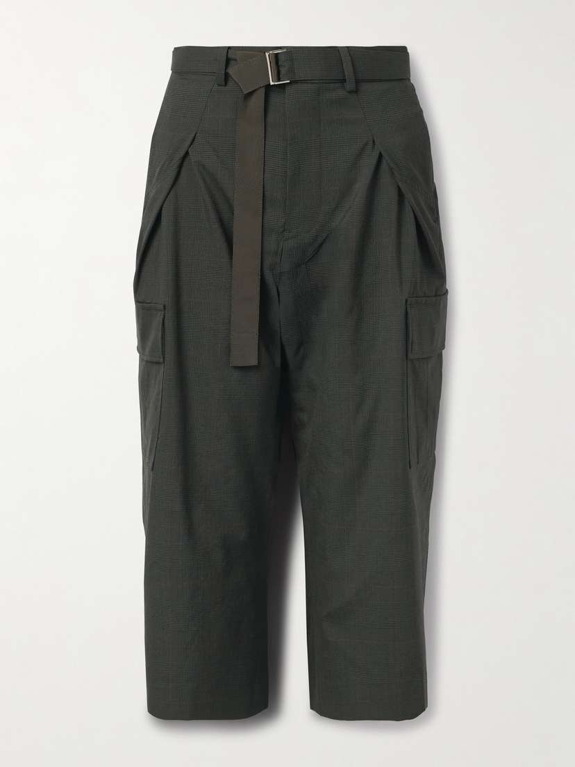 Sacai Cropped Belted Pleated Prince Of Wales Checked Wool Tapered Pants