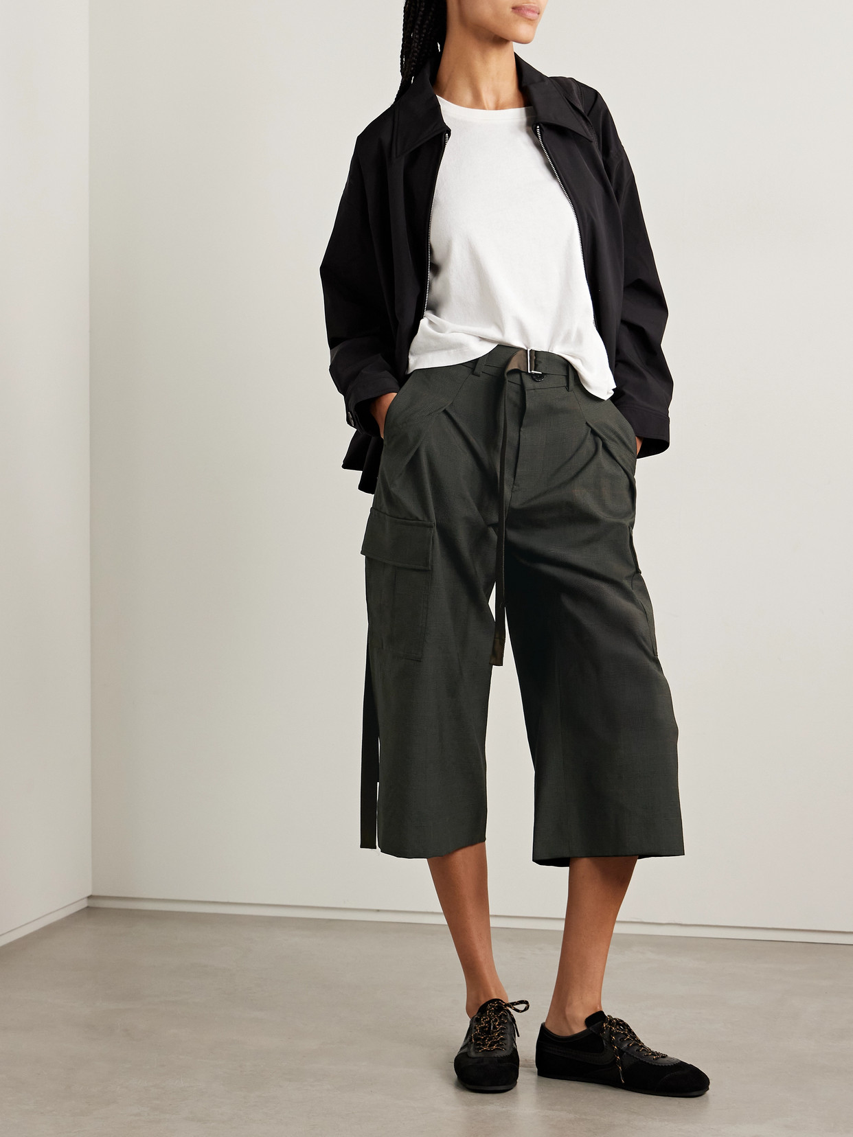 Sacai Cropped Belted Pleated Prince Of Wales Checked Wool Tapered Pants In Green