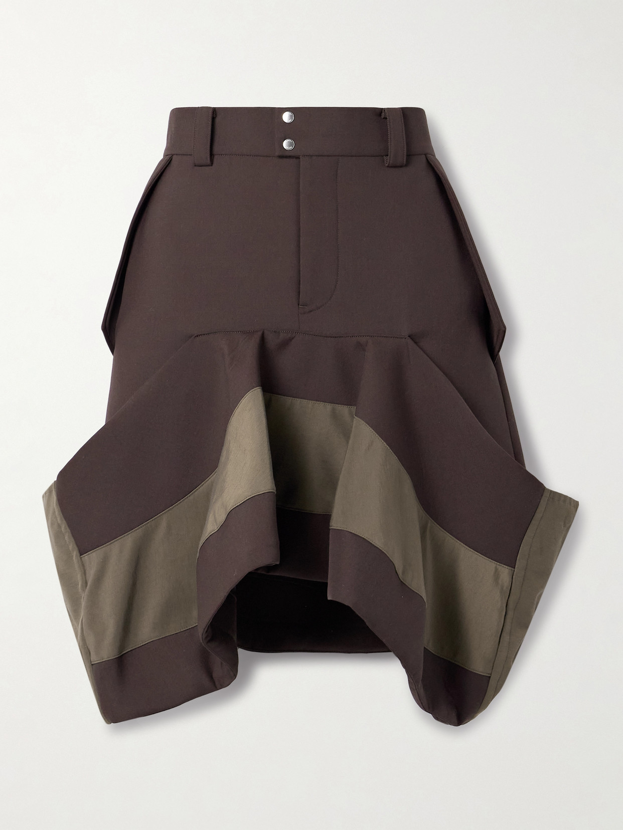 Sacai Draped Paneled Scuba And Grosgrain Skirt In Brown