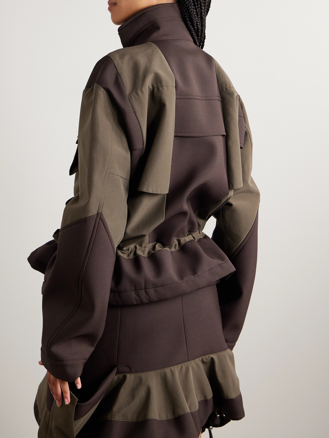 Sacai Draped Paneled Scuba And Cotton-blend Grosgrain Jacket In Brown