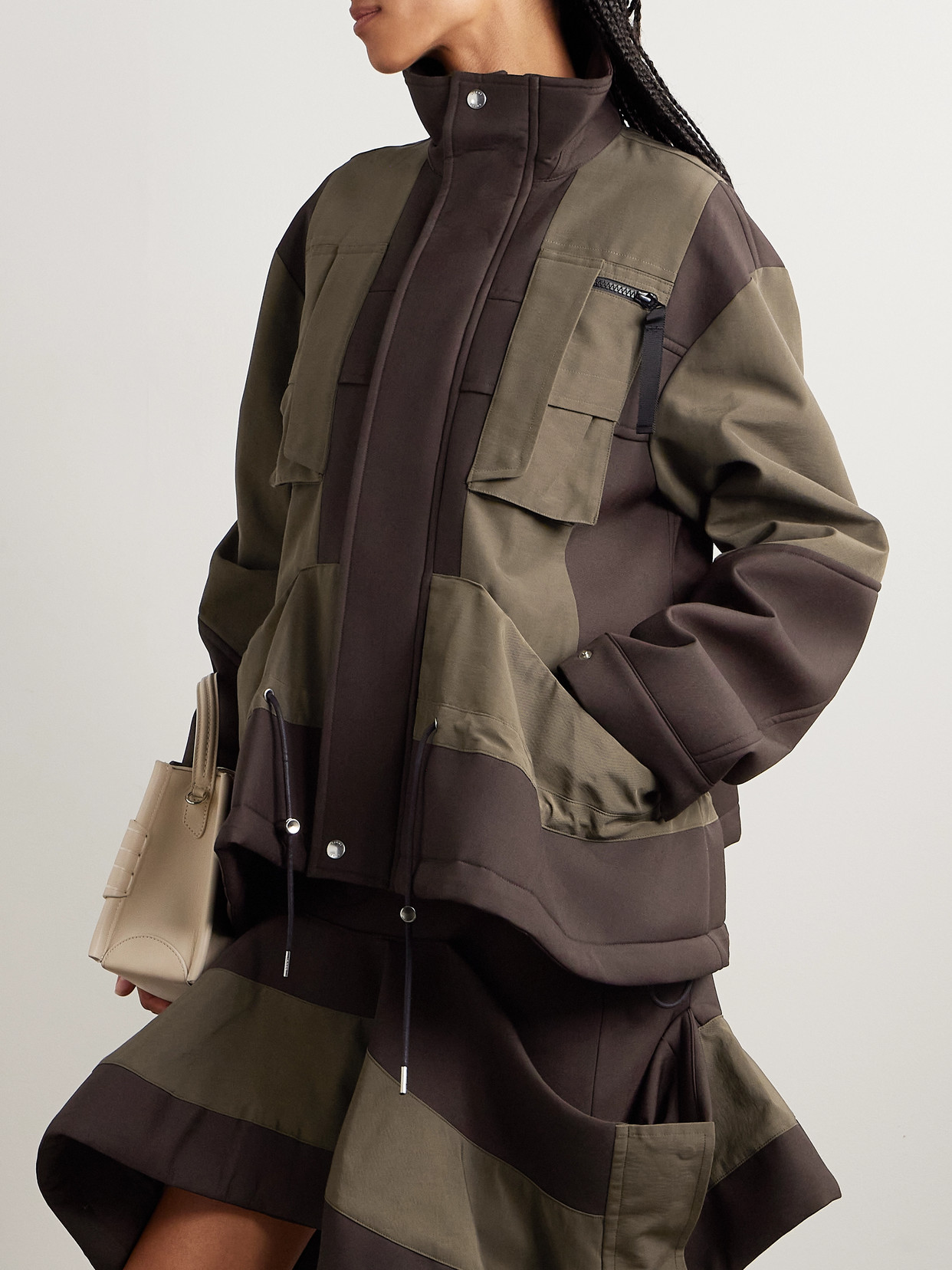 Sacai Draped Paneled Scuba And Cotton-blend Grosgrain Jacket In Brown