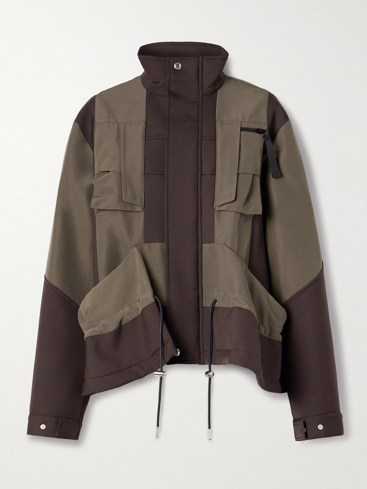 Sacai Draped Paneled Scuba And Cotton-blend Grosgrain Jacket In Brown