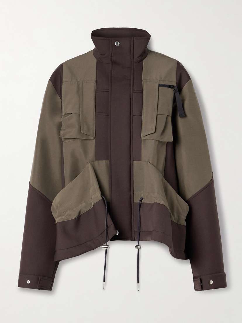 Sacai Draped Paneled Scuba And Cotton-blend Grosgrain Jacket