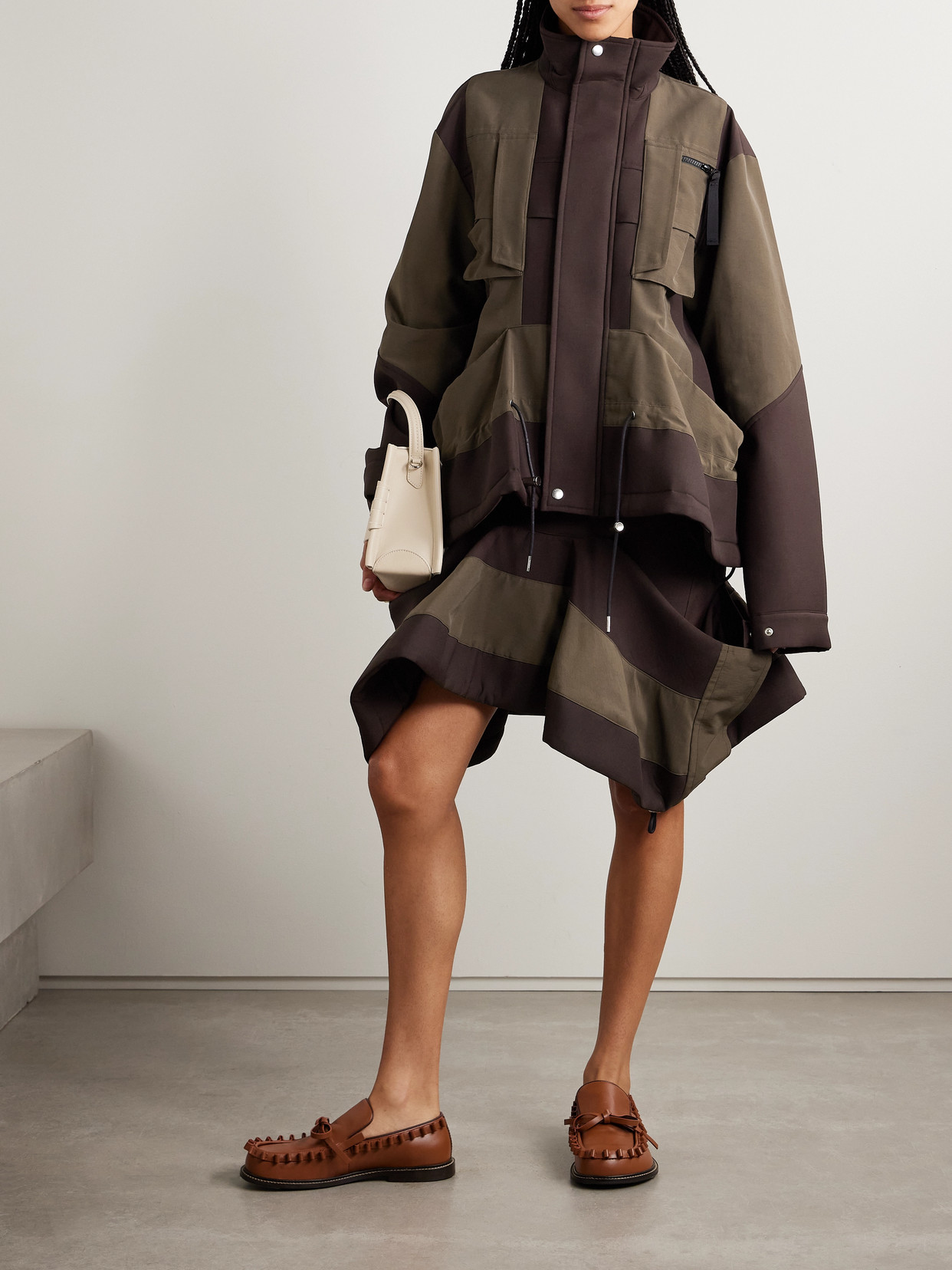 Sacai Draped Paneled Scuba And Cotton-blend Grosgrain Jacket In Brown
