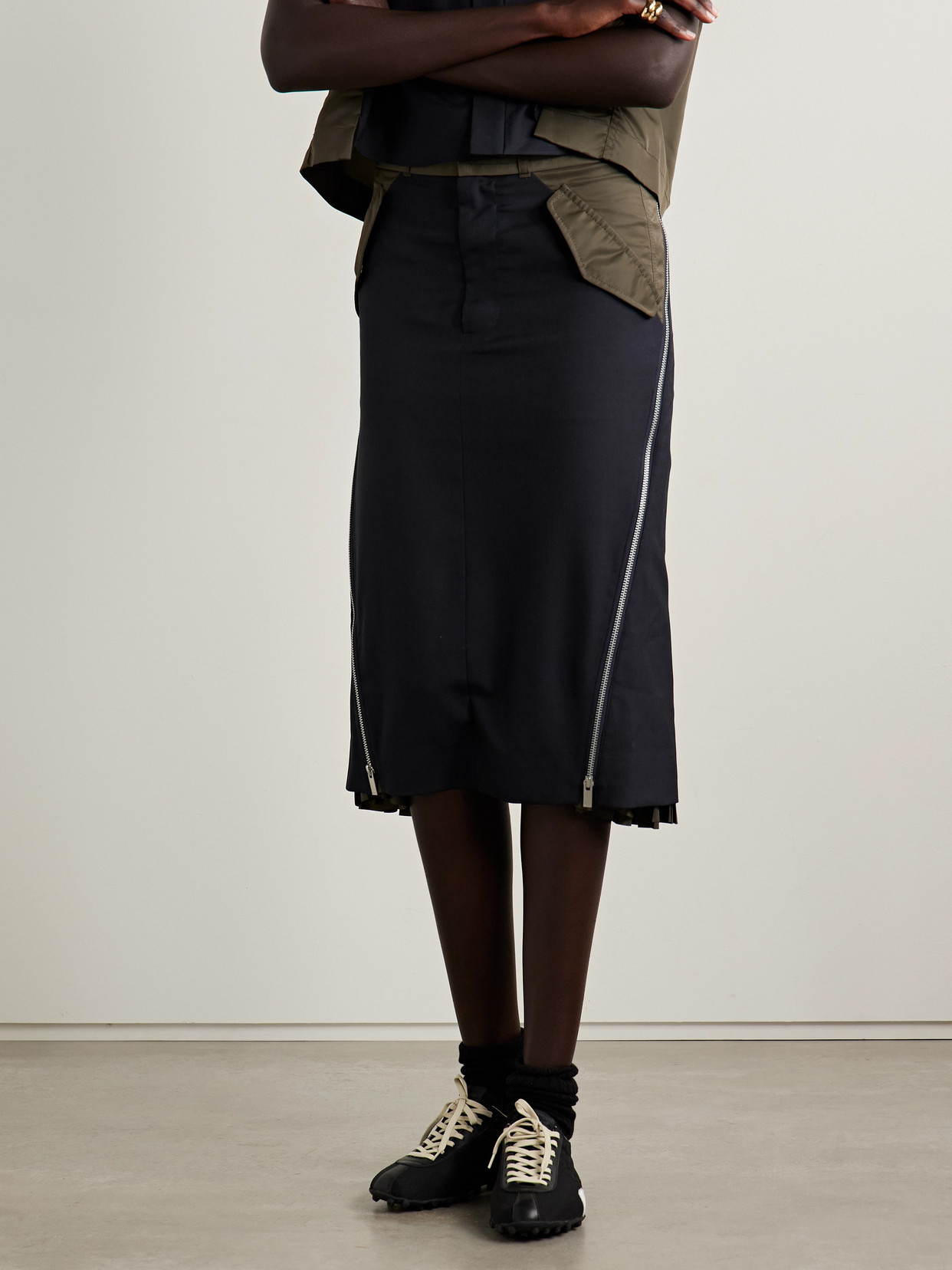 Sacai Wool And Nylon Midi Skirt In Blue
