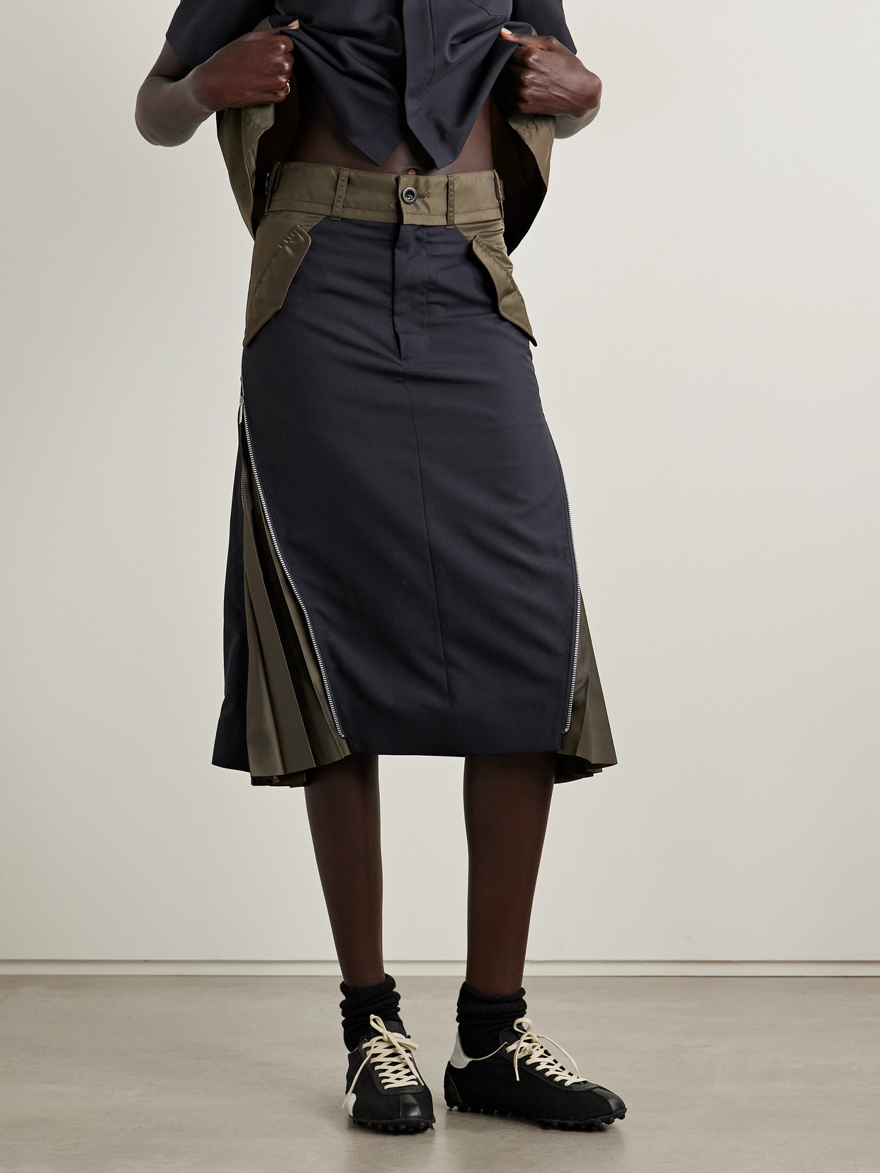 Sacai Wool And Nylon Midi Skirt In Blue