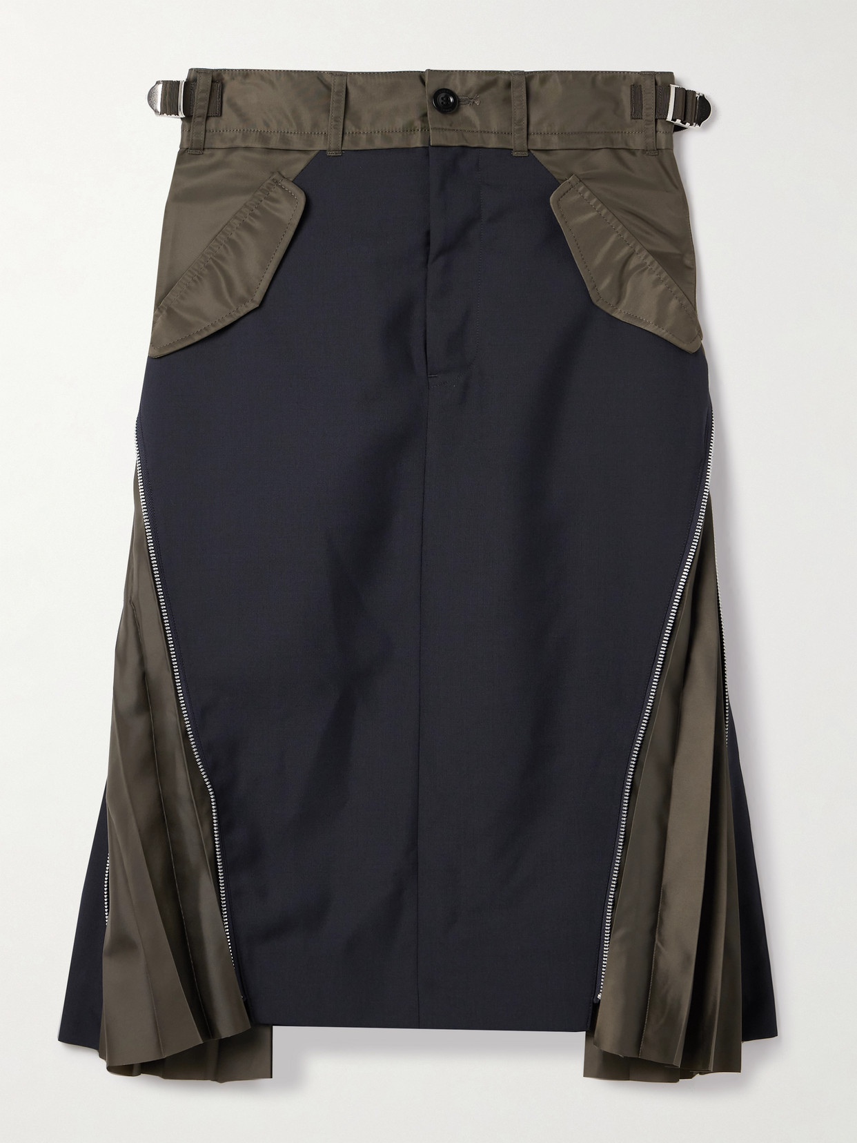 Sacai Paneled Crepe, Shell And Pleated Satin Midi Skirt In Blue