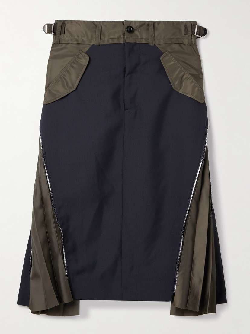 Sacai Paneled Crepe, Shell And Pleated Satin Midi Skirt