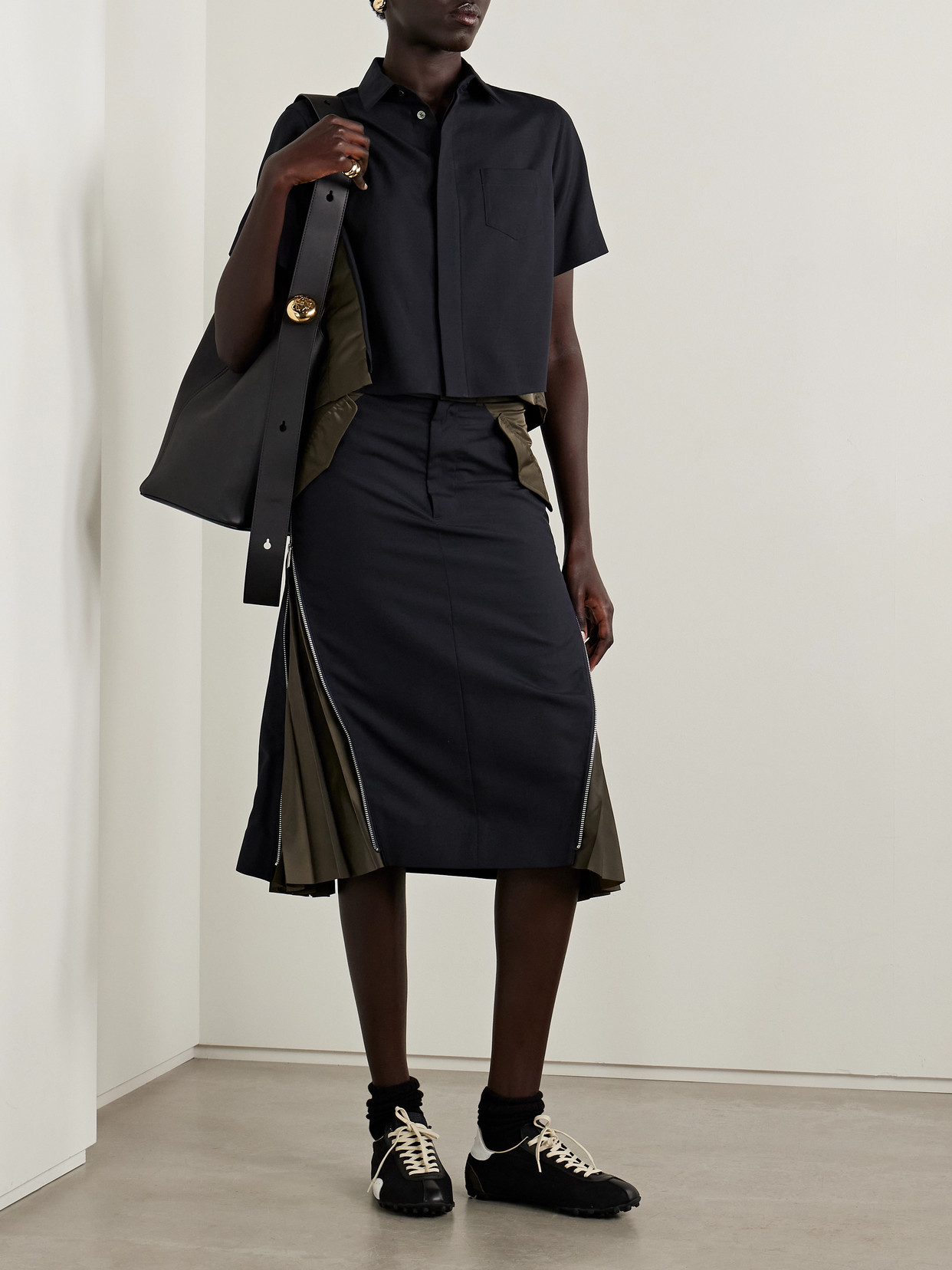 Sacai Wool And Nylon Midi Skirt In Blue