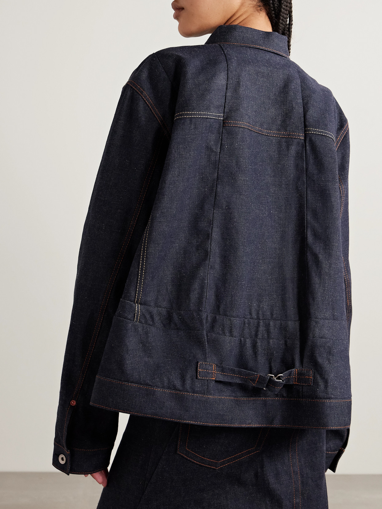 Sacai Navy Pleated Denim Jacket In Blue