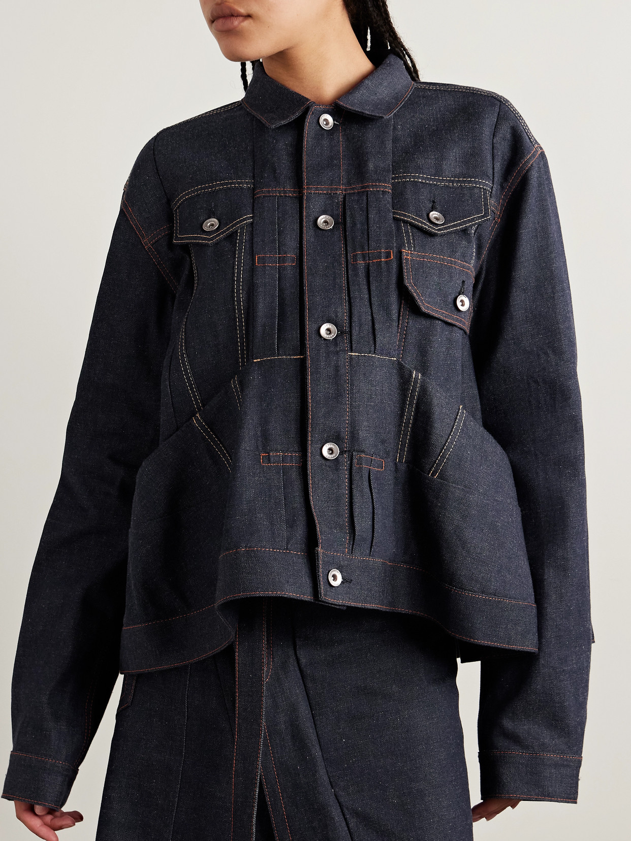 Sacai Navy Pleated Denim Jacket In Blue
