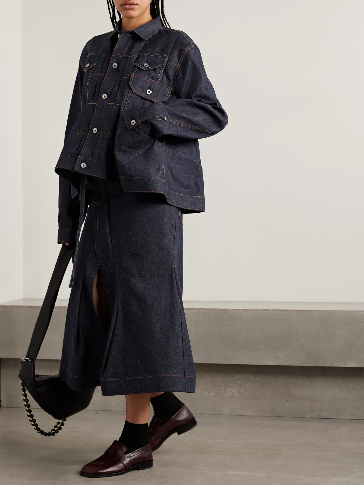 Sacai Navy Pleated Denim Jacket In Blue