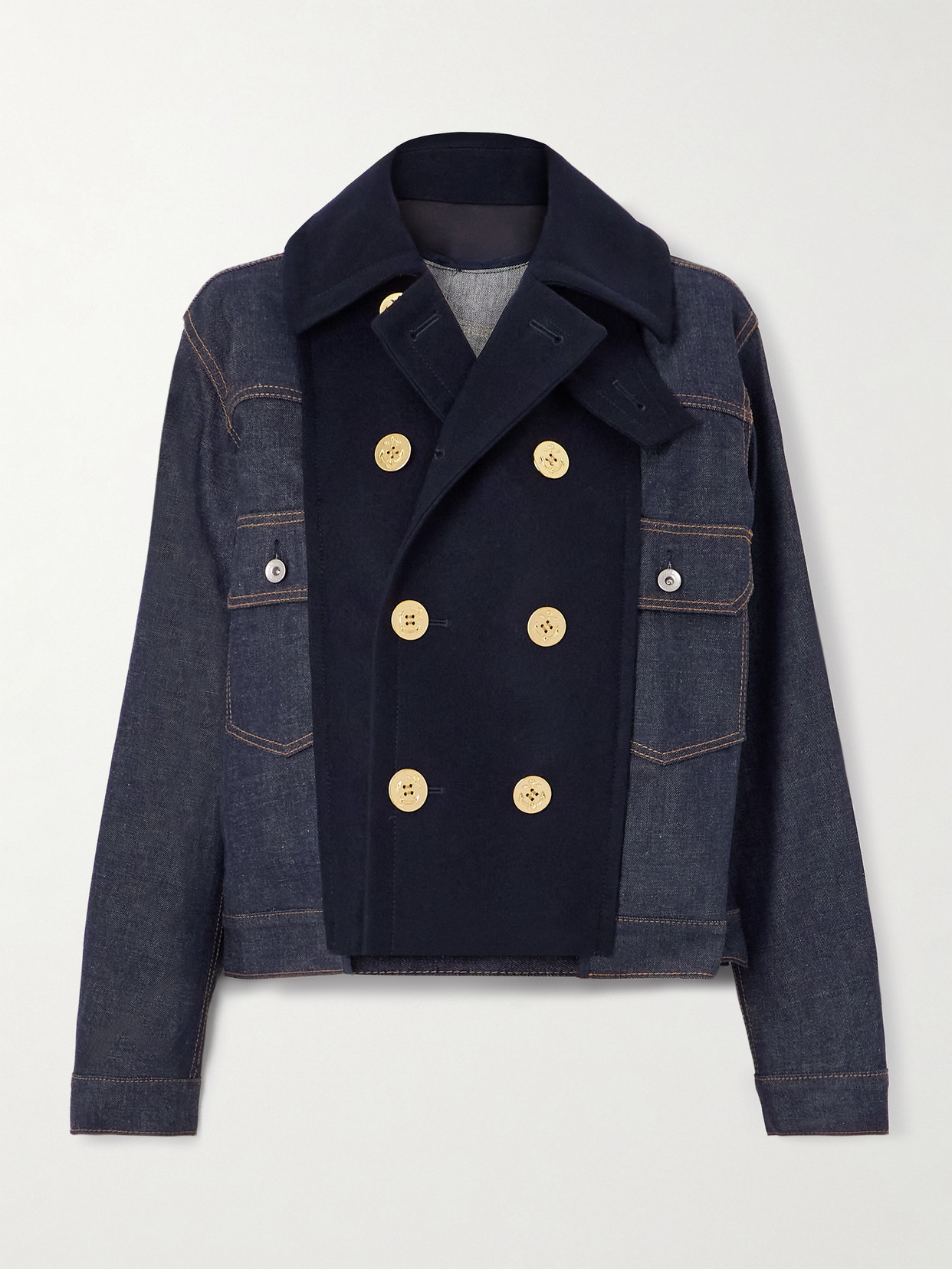 Sacai Double-breasted Wool-trimmed Denim Jacket In Blue