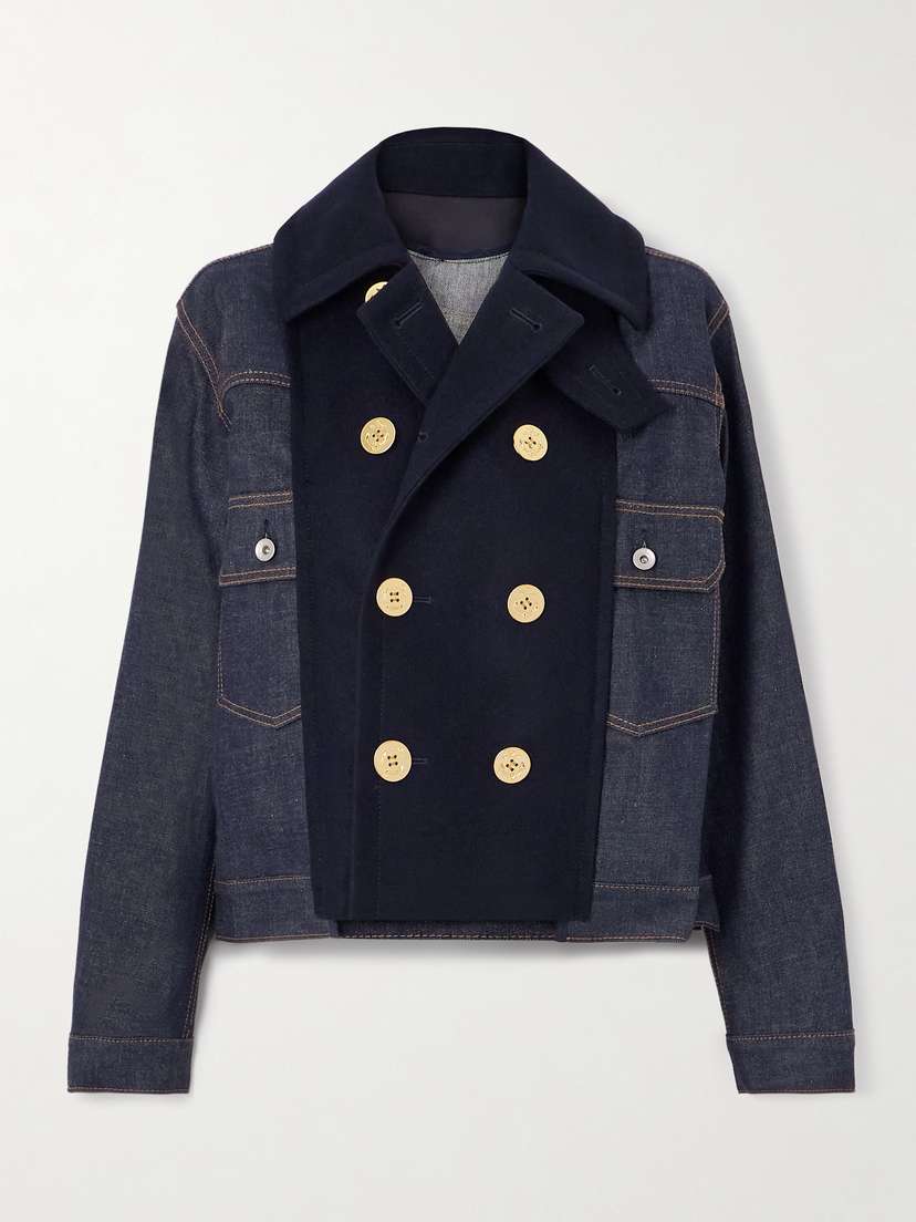 Sacai Double-breasted Wool-trimmed Denim Jacket