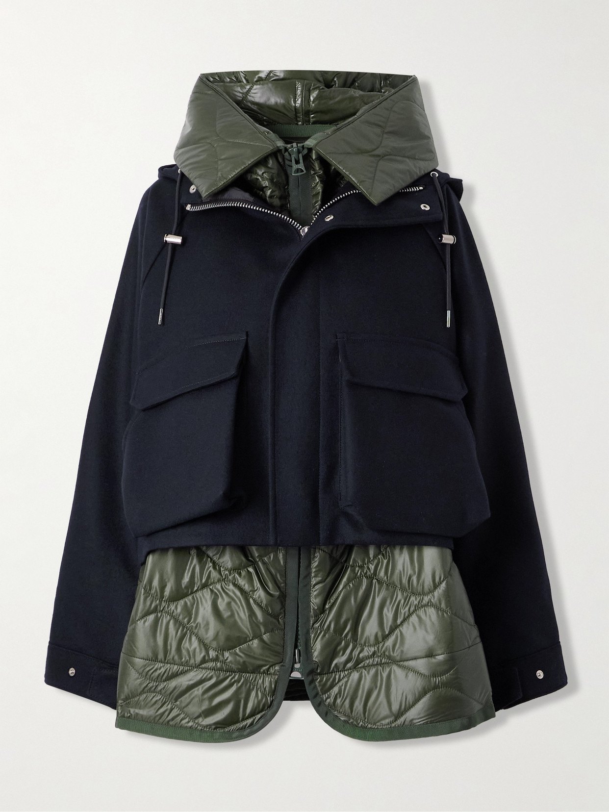 Sacai Hooded Wool And Quilted Shell Jacket In Blue