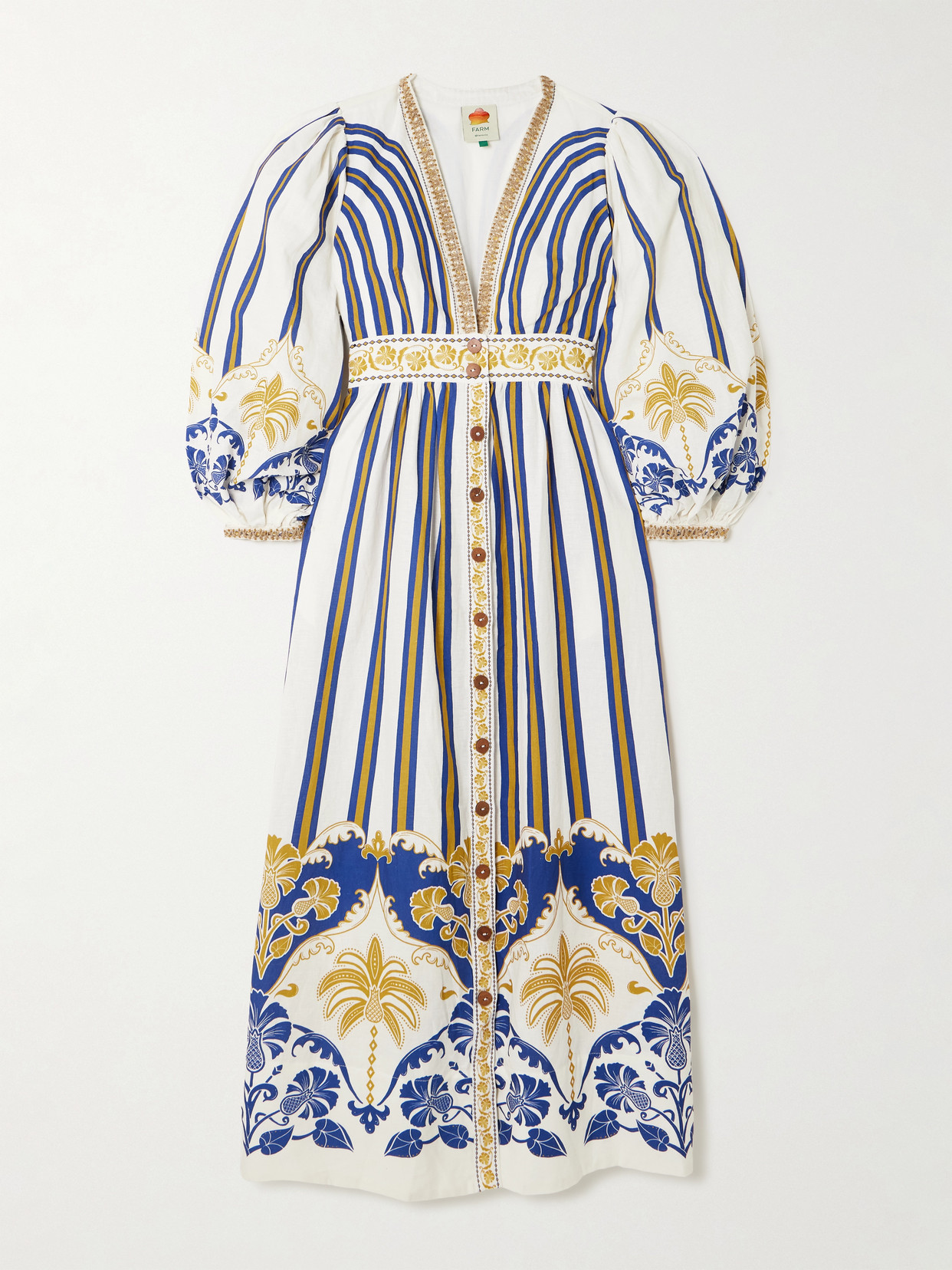 Farm Rio Embellished Printed Linen-blend Midi Dress In Off-white