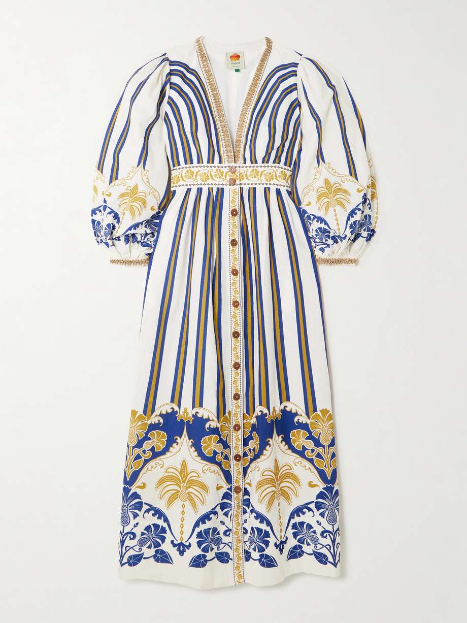 embellished printed linen-blend midi dress