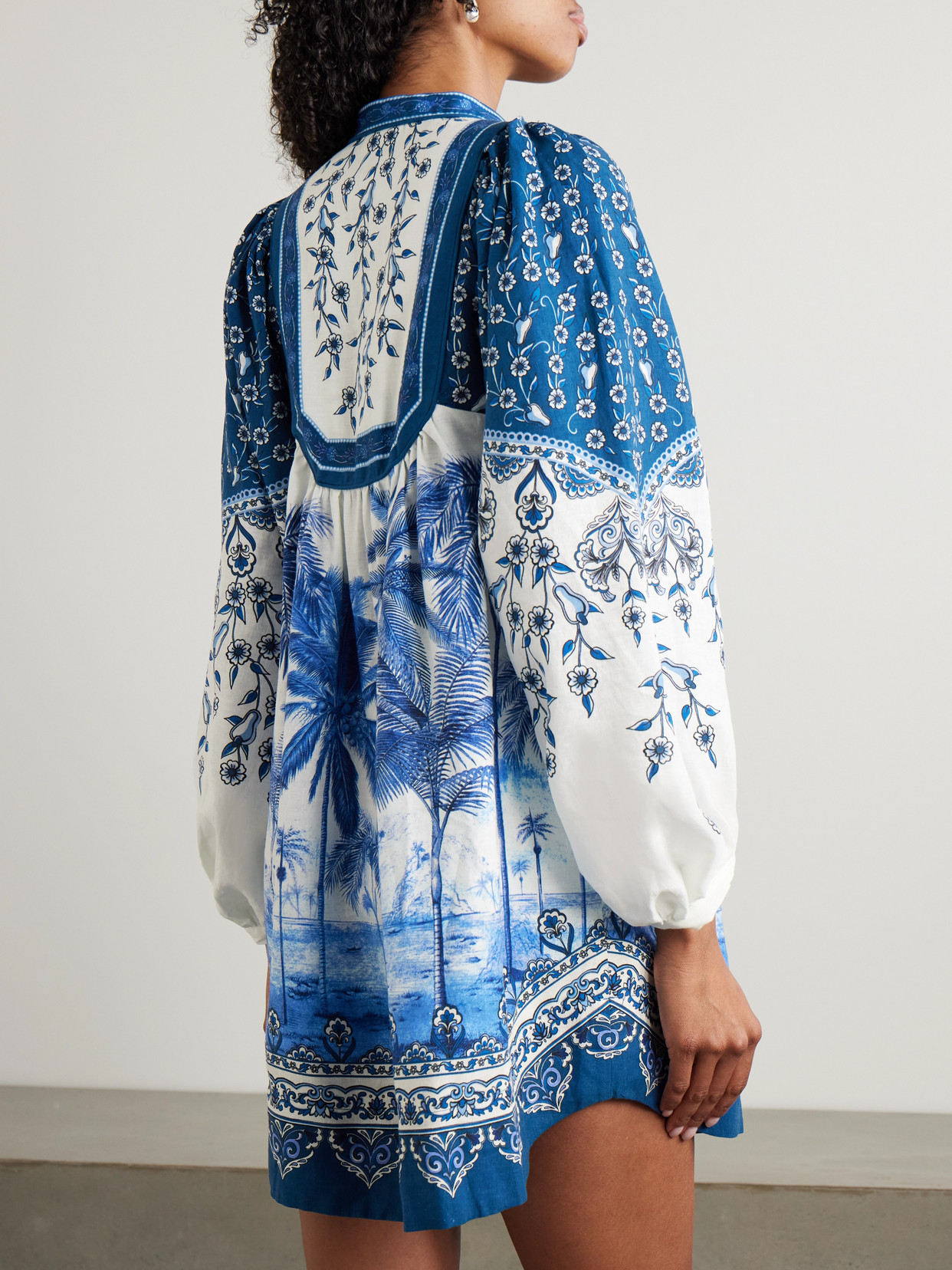 Farm Rio Palm Tree Print Linen Blend Tie Front Dress In Blue
