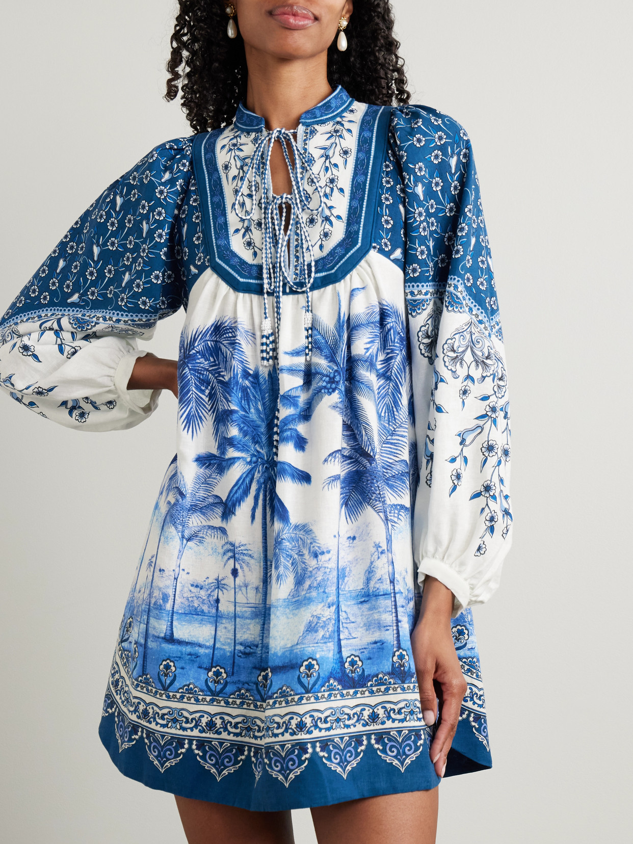 Farm Rio Palm Tree Print Linen Blend Tie Front Dress In Blue