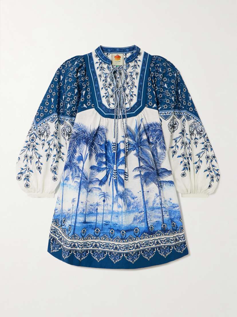 Farm Rio Palm Tree Beach Printed Linen-blend Mini Dress