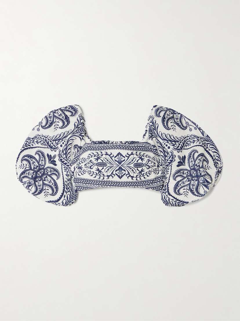 Farm Rio Tropical Cameo Cropped Shirred Printed Linen Top